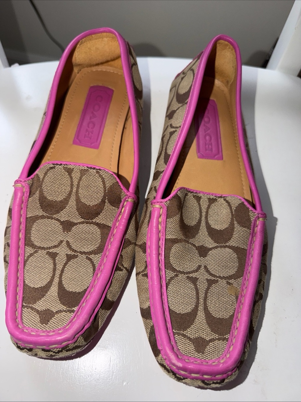Coach Brown Signature Canvas Loafers with Pink Trim - Picture 2 of 10